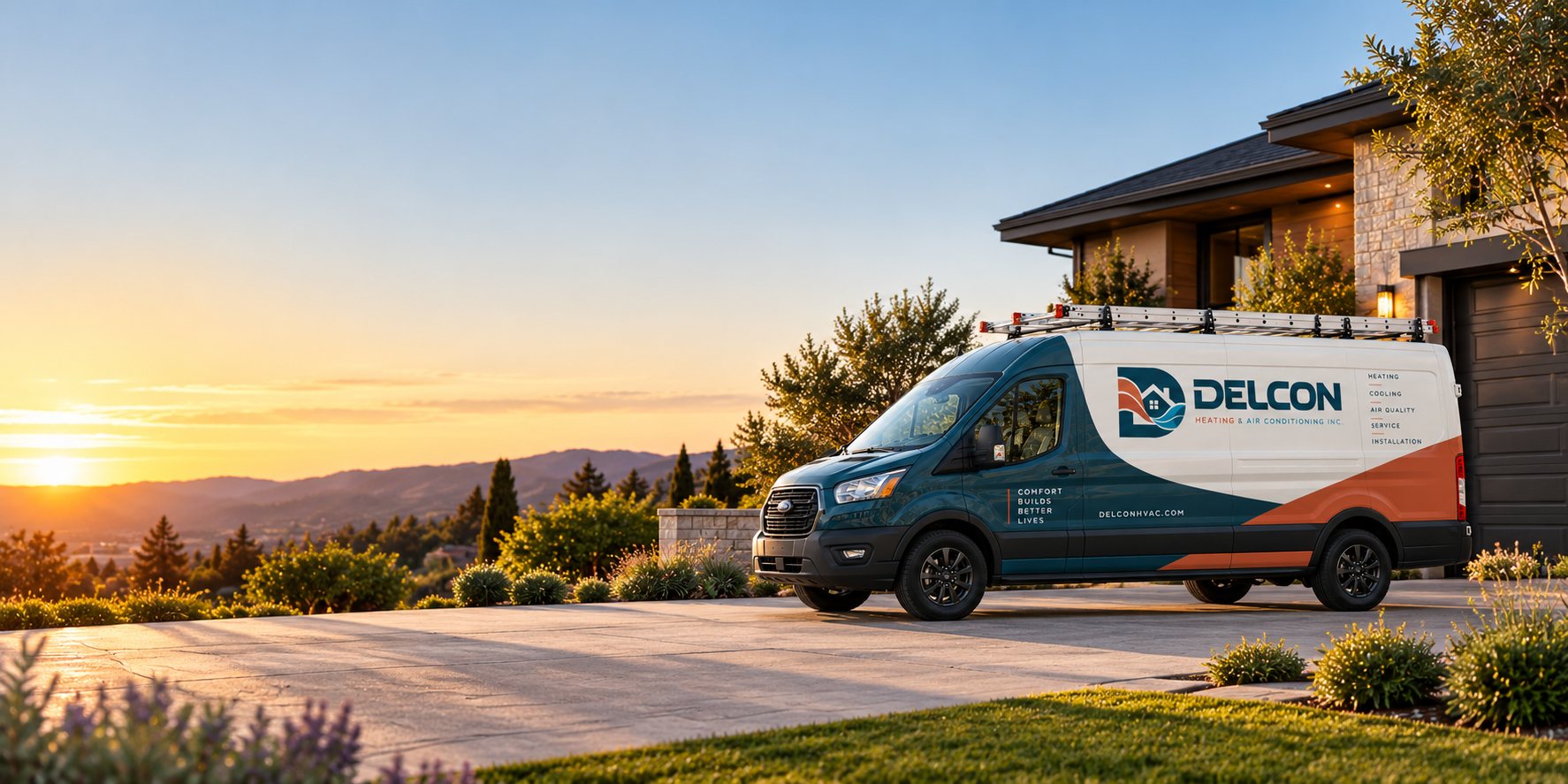 Delcon Heating & Air Conditioning service van parked in front of a Bay Area home at sunset